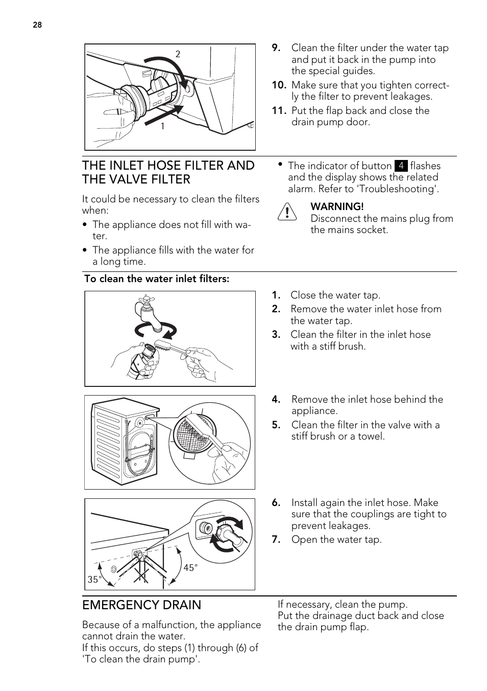The inlet hose filter and the valve filter, Emergency drain | AEG L 87680 FL User Manual | Page 28 / 40
