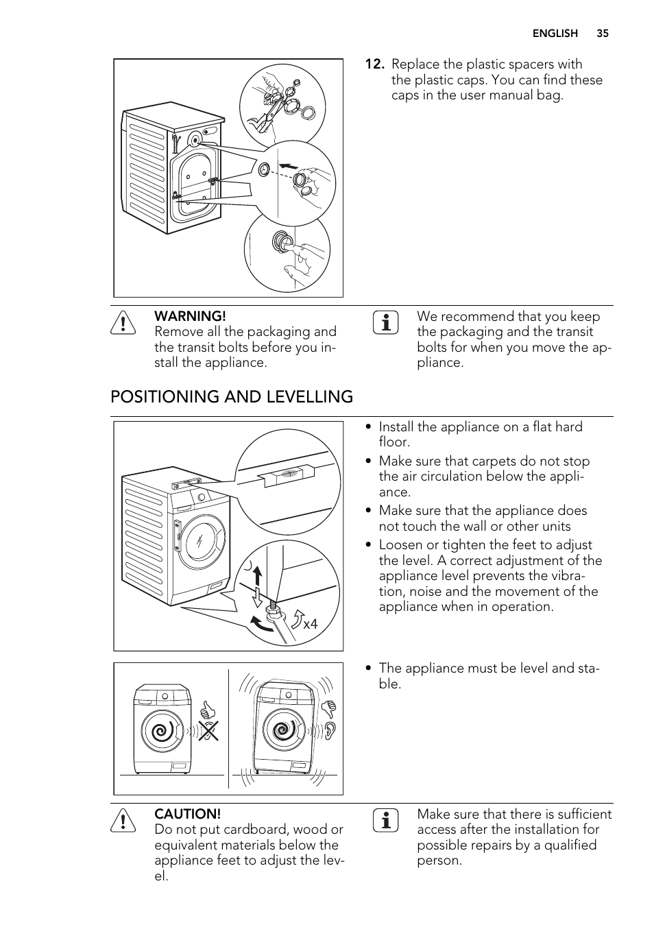 Positioning and levelling | AEG L 87680 FL User Manual | Page 35 / 40