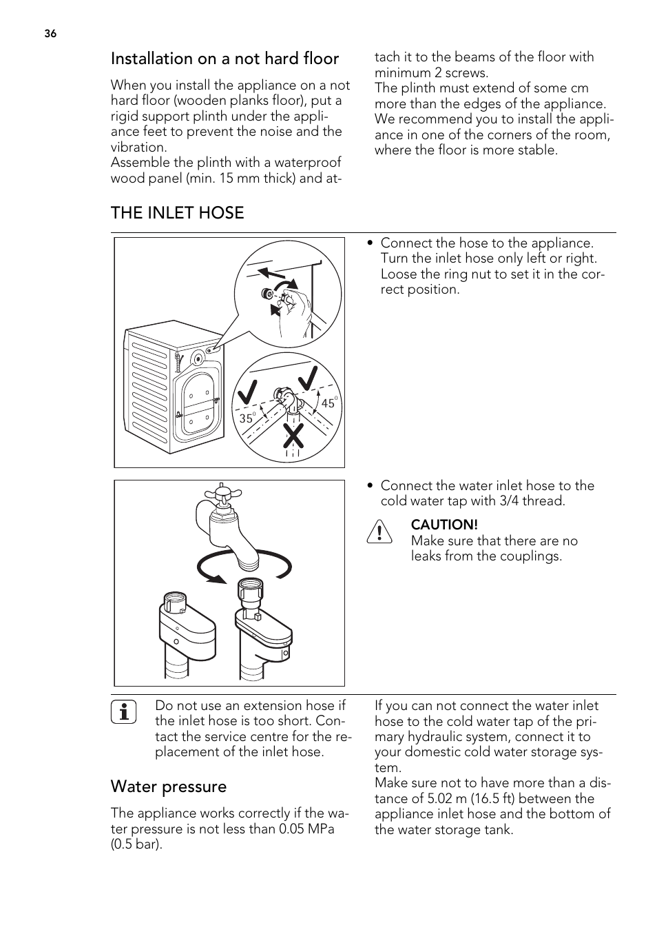 Installation on a not hard floor, The inlet hose, Water pressure | AEG L 87680 FL User Manual | Page 36 / 40