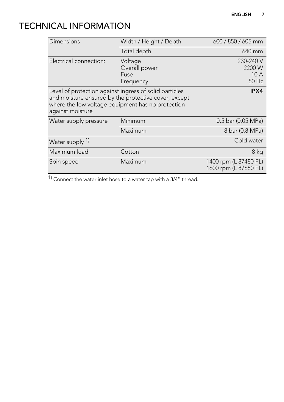 Technical information | AEG L 87680 FL User Manual | Page 7 / 40