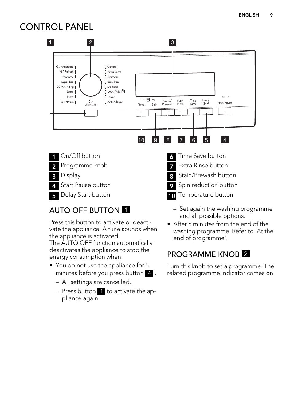 Control panel, Auto off button, Programme knob | All settings are cancelled. – press button | AEG L 87680 FL User Manual | Page 9 / 40