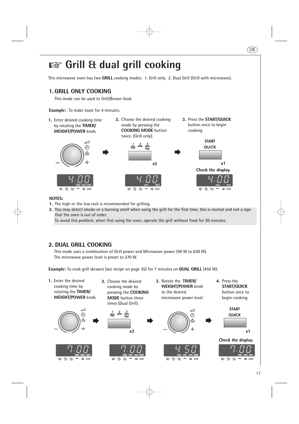 Grill & dual grill cooking, Grill only cooking, Dual grill cooking | AEG MCD2661E User Manual | Page 19 / 53