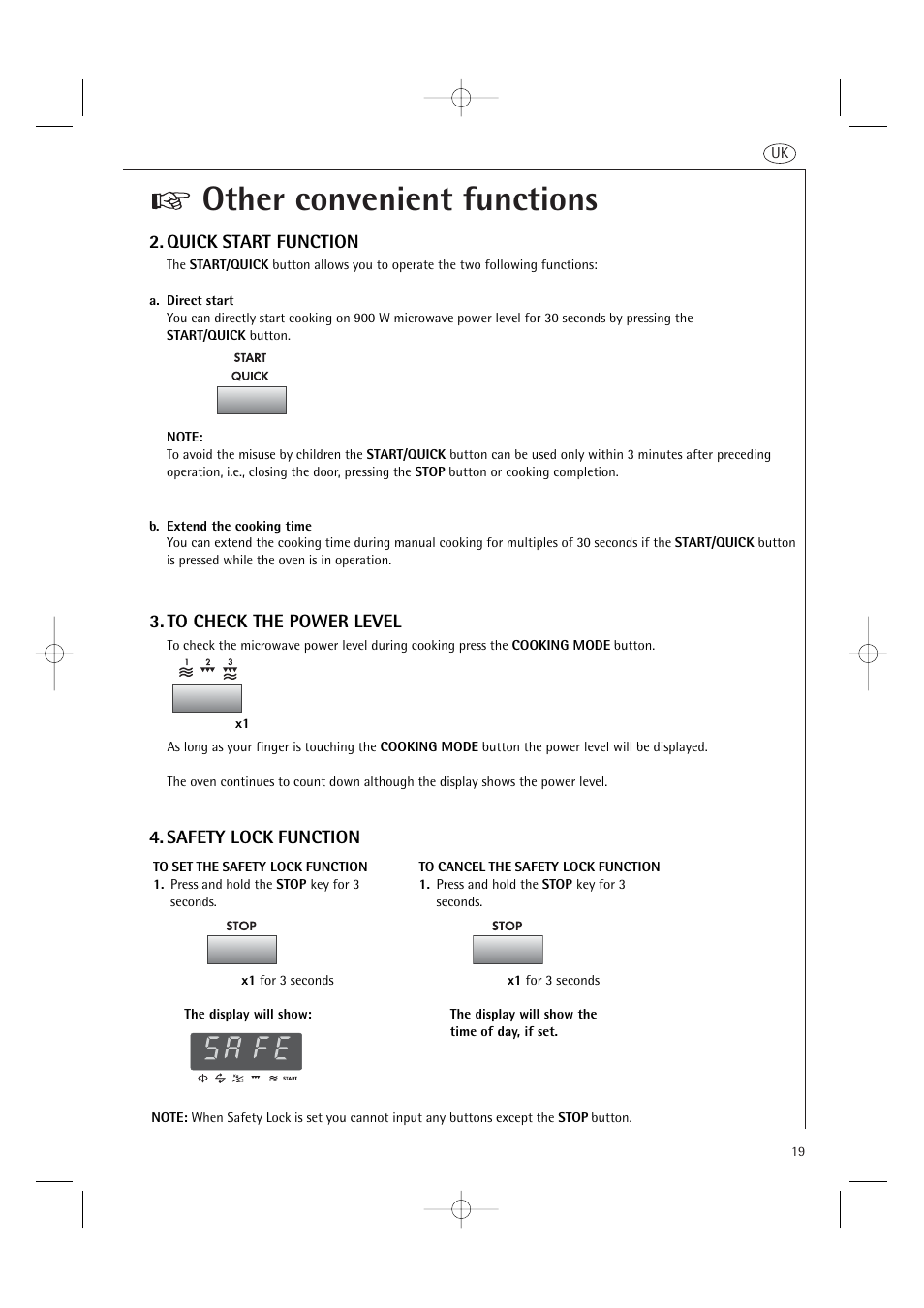 Other convenient functions, Safety lock function 2. quick start function | AEG MCD2661E User Manual | Page 21 / 53