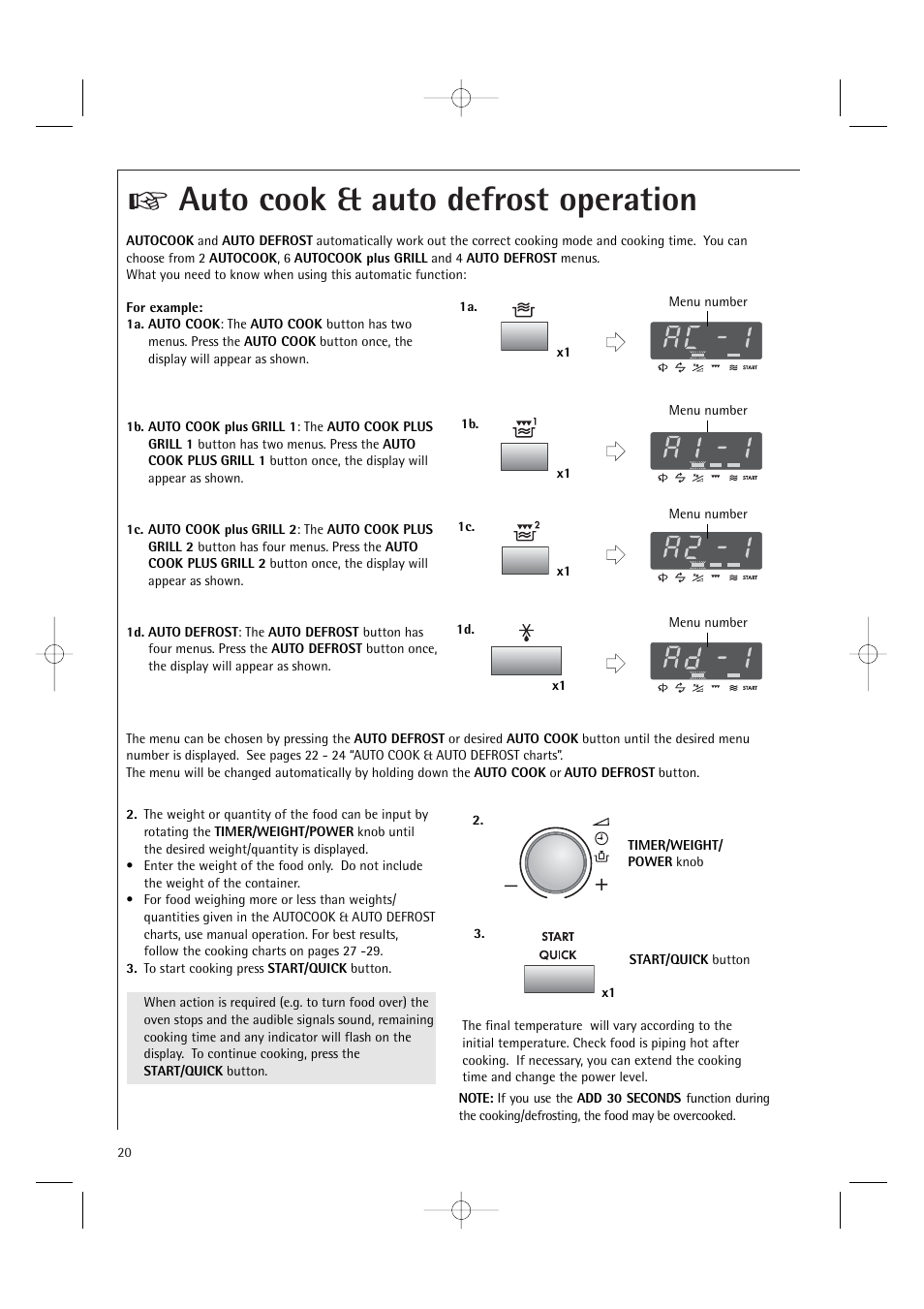 Auto cook & auto defrost operation | AEG MCD2661E User Manual | Page 22 / 53