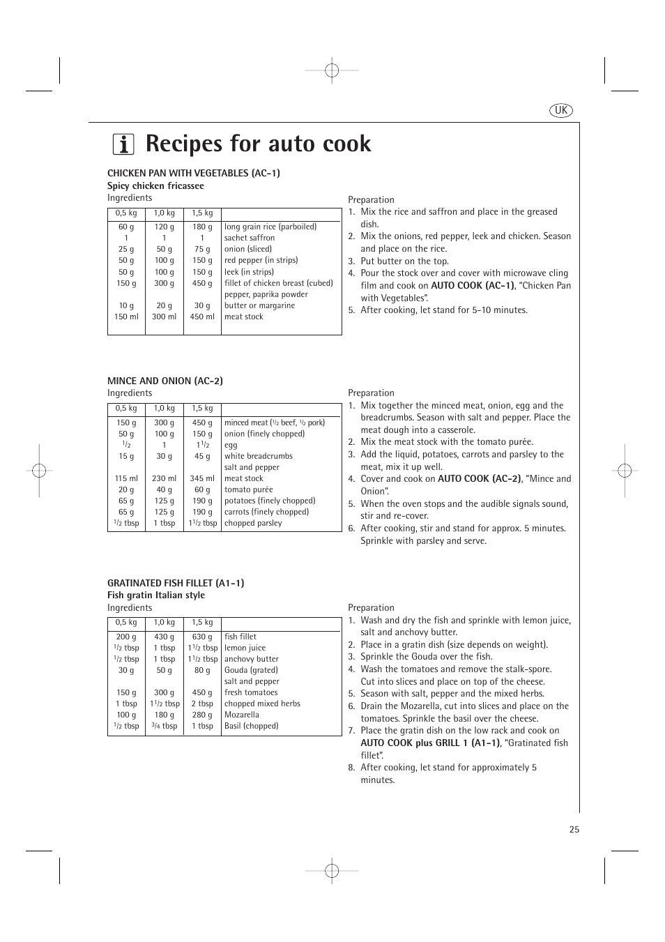 Recipes for auto cook | AEG MCD2661E User Manual | Page 27 / 53