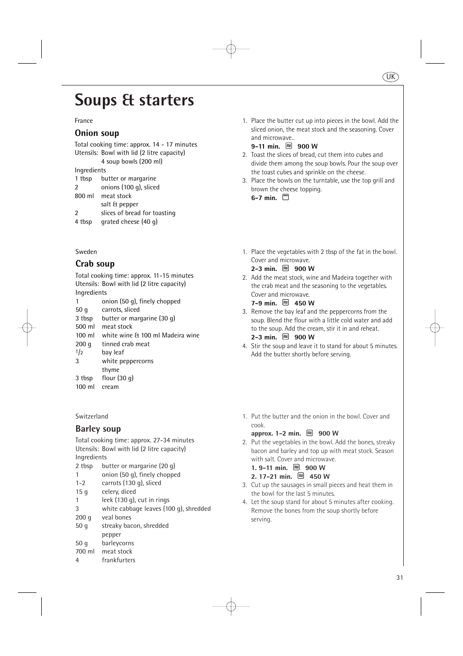 Soups & starters, Barley soup, Crab soup | Onion soup | AEG MCD2661E User Manual | Page 33 / 53