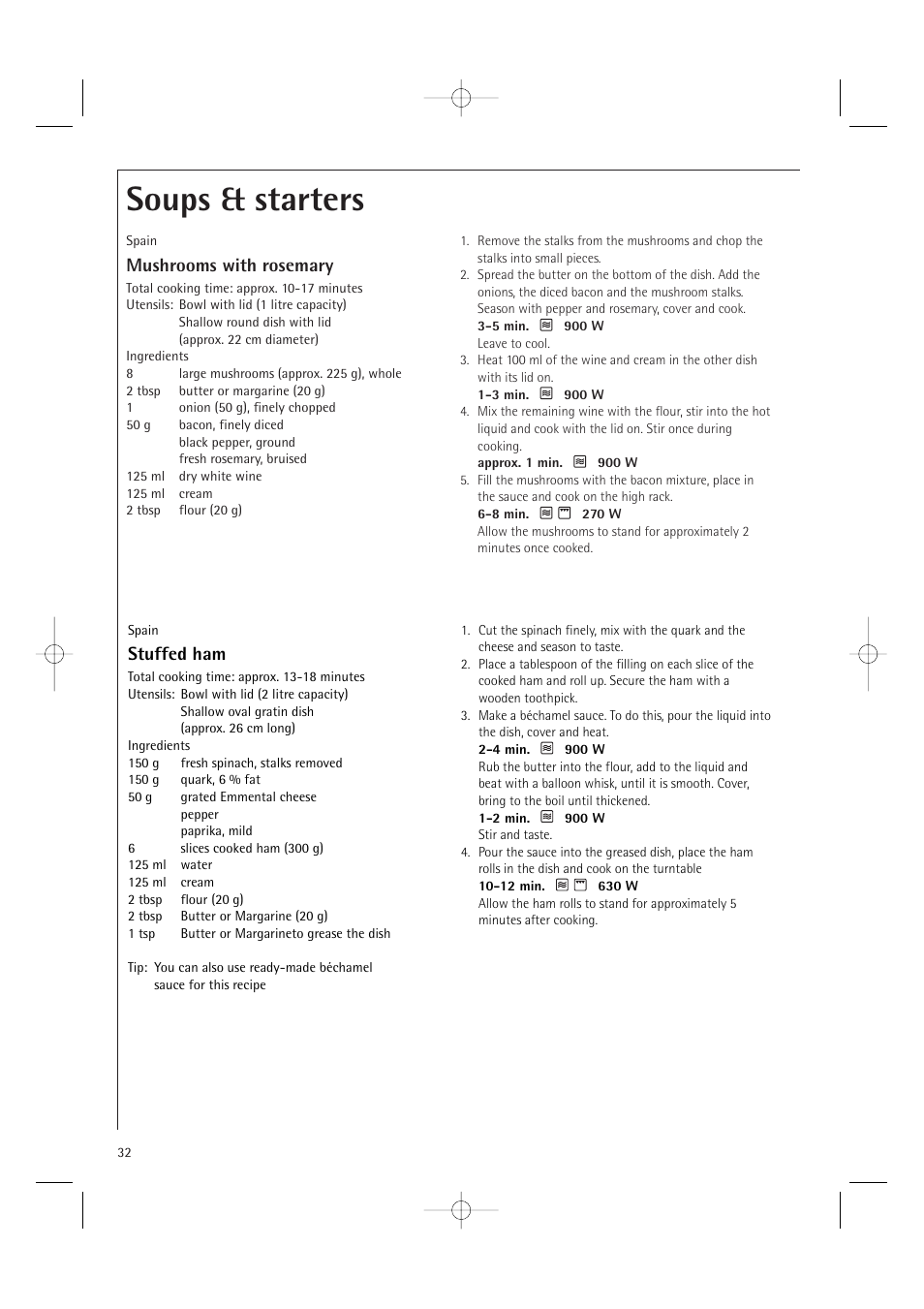 Soups & starters, Mushrooms with rosemary, Stuffed ham | AEG MCD2661E User Manual | Page 34 / 53