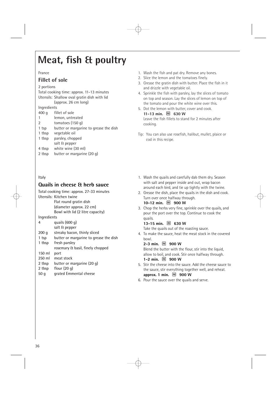 Meat, fish & poultry, Fillet of sole, Quails in cheese & herb sauce | AEG MCD2661E User Manual | Page 38 / 53