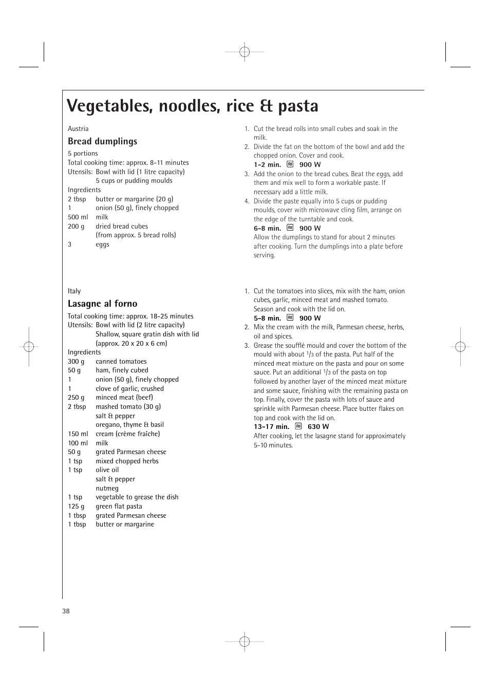 Vegetables, noodles, rice & pasta, Bread dumplings, Lasagne al forno | AEG MCD2661E User Manual | Page 40 / 53