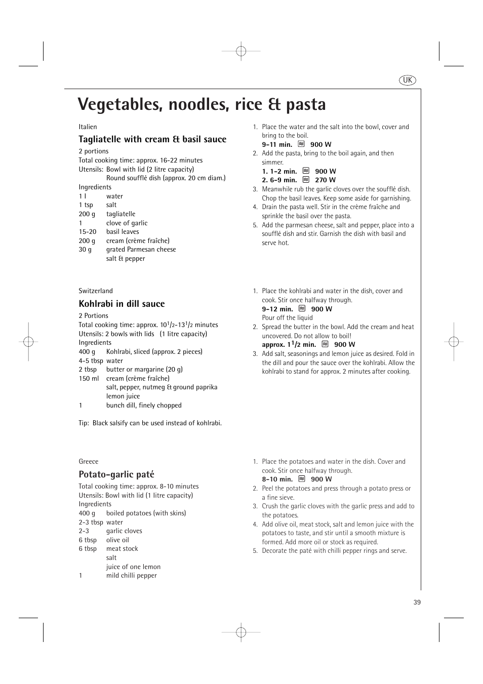 Vegetables, noodles, rice & pasta, Potato-garlic paté, Kohlrabi in dill sauce | Tagliatelle with cream & basil sauce | AEG MCD2661E User Manual | Page 41 / 53