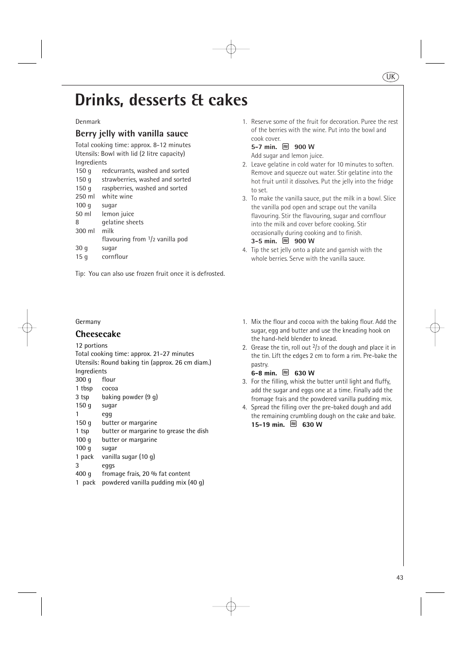 Drinks, desserts & cakes, Berry jelly with vanilla sauce, Cheesecake | AEG MCD2661E User Manual | Page 45 / 53