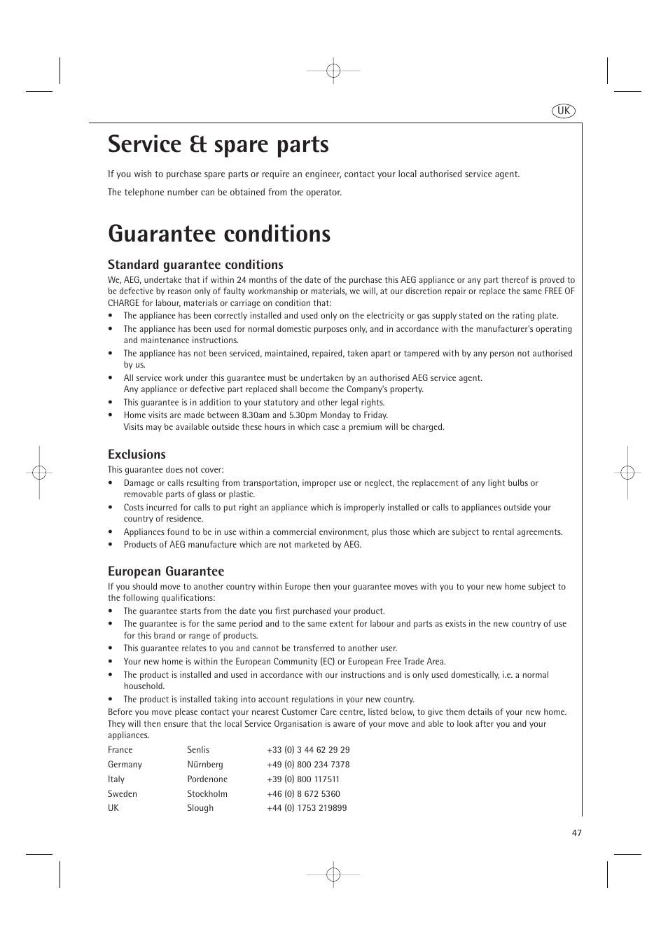 Guarantee conditions service & spare parts, Standard guarantee conditions, Exclusions | European guarantee | AEG MCD2661E User Manual | Page 49 / 53