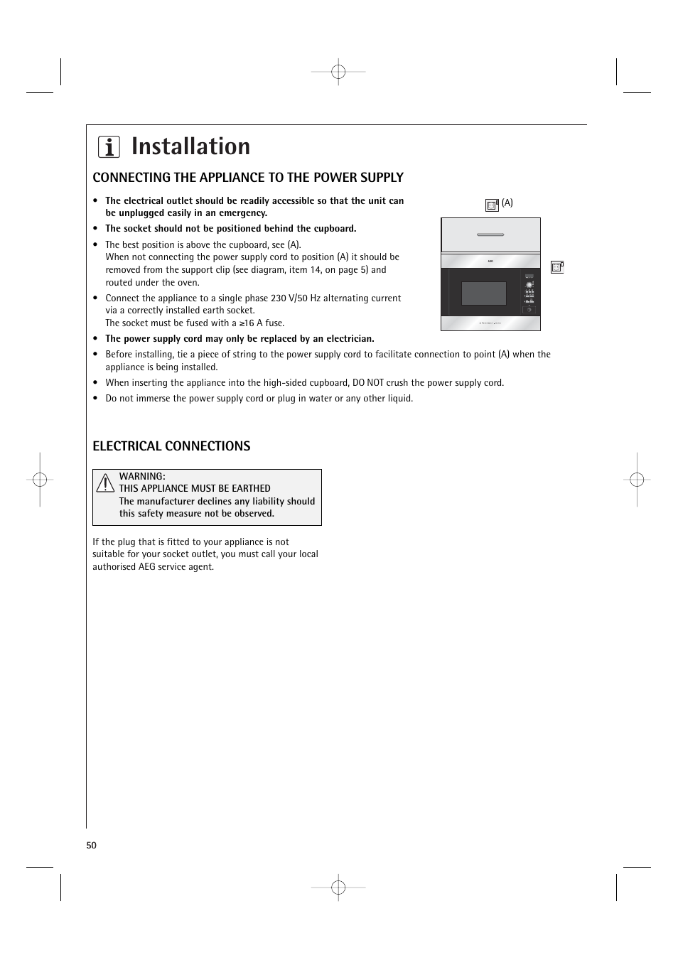 Installation, Connecting the appliance to the power supply, Electrical connections | AEG MCD2661E User Manual | Page 52 / 53