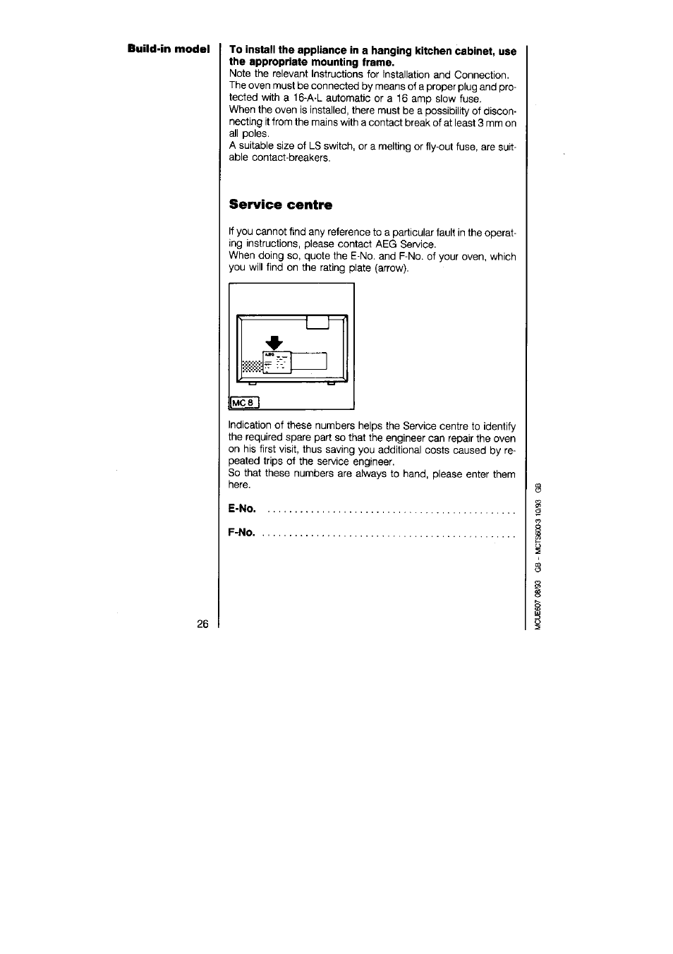 E-no, F-no, Service centre | AEG MICROMAT DUO 220 User Manual | Page 26 / 29