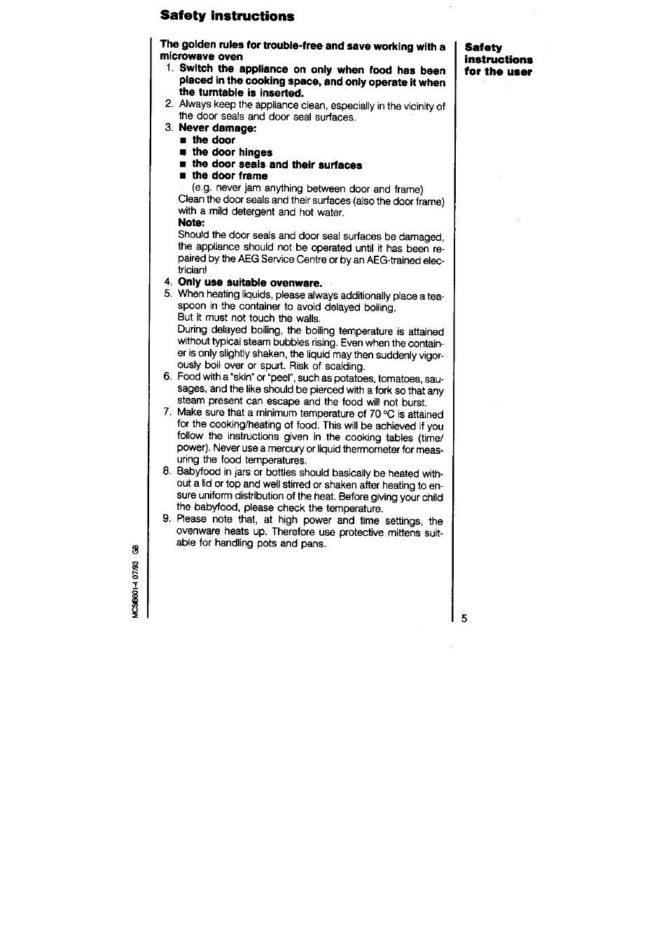 Never damage, Only use suitable ovenware, Safety instructions | AEG MICROMAT DUO 220 User Manual | Page 5 / 29