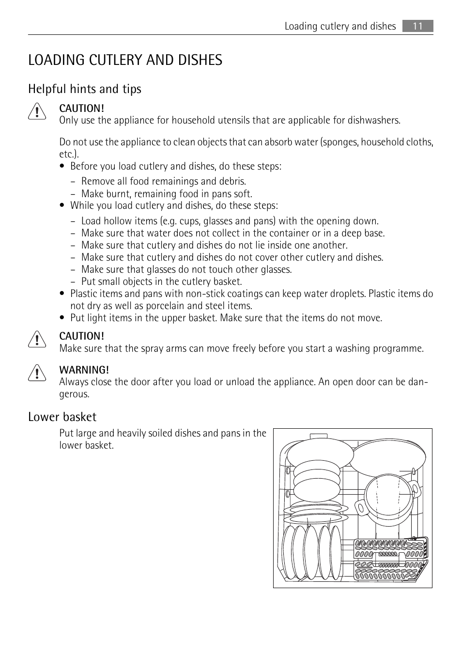 Loading cutlery and dishes, Helpful hints and tips, Lower basket | AEG FAVORIT 45003 User Manual | Page 11 / 28