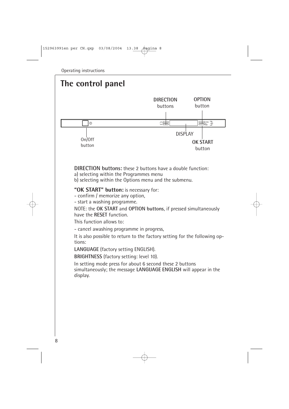 The control panel | AEG FAVORIT 88070 VIL, User Manual | Page 8 / 44