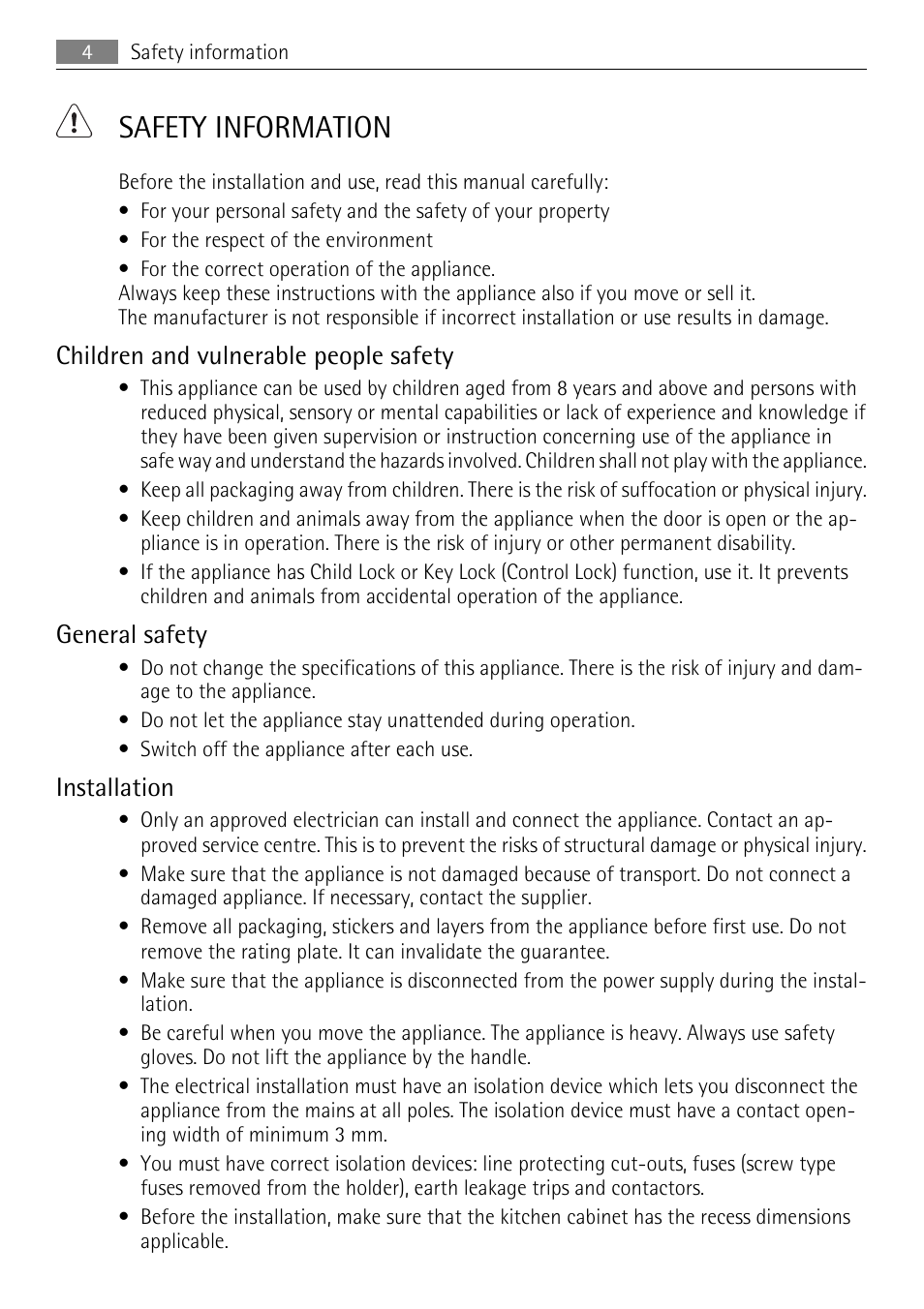 Safety information, Children and vulnerable people safety, General safety | Installation | AEG KB7100000 User Manual | Page 4 / 40