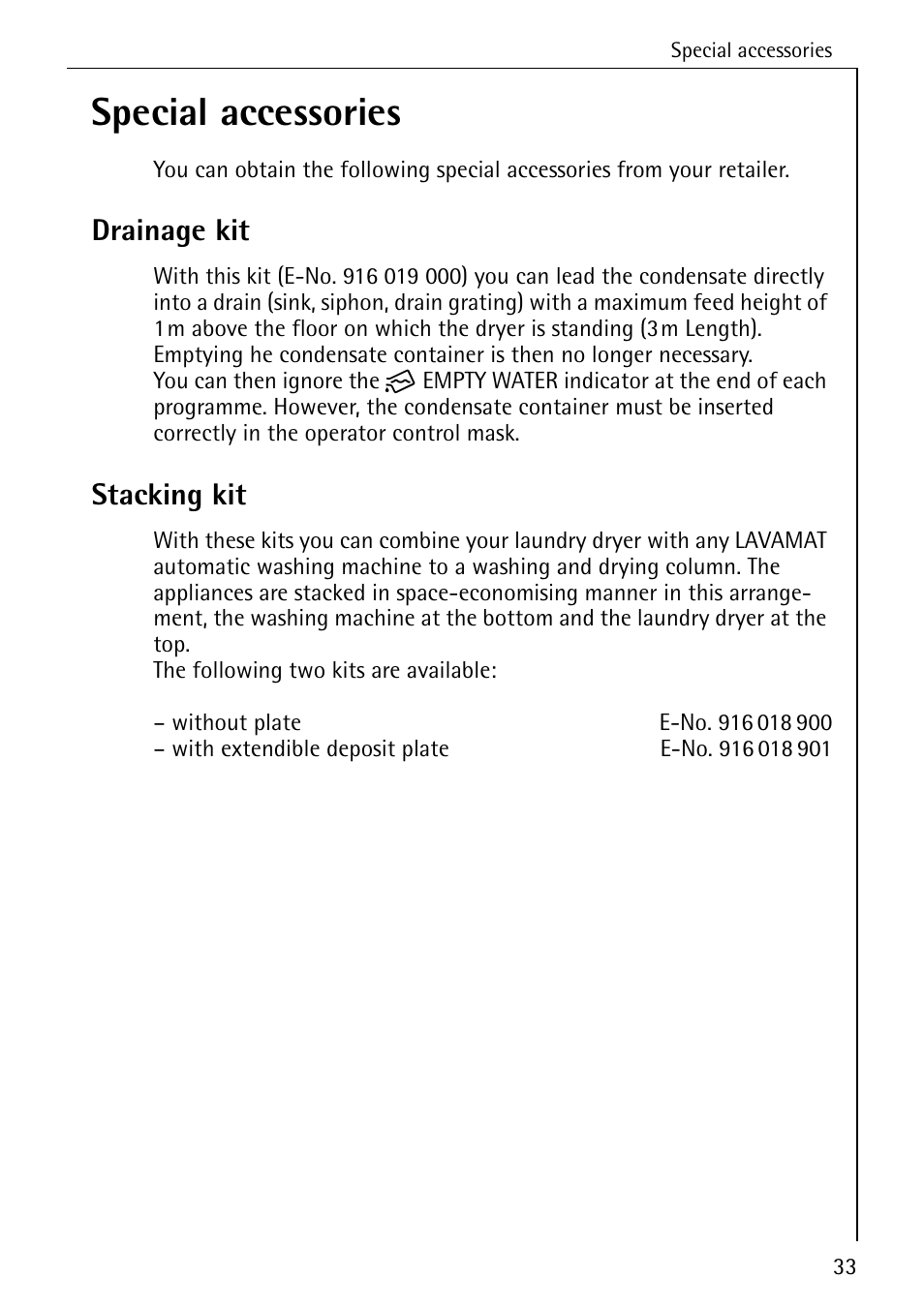 Special accessories, Drainage kit, Stacking kit | AEG LAVATHERM 57520 User Manual | Page 33 / 36