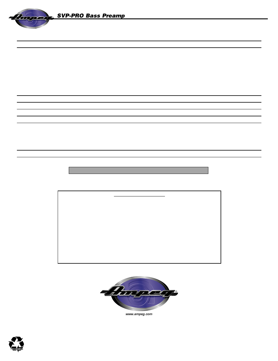 Technical specifications, Svp-pro bass preamp | Ampeg SVP-PRO User Manual | Page 8 / 8