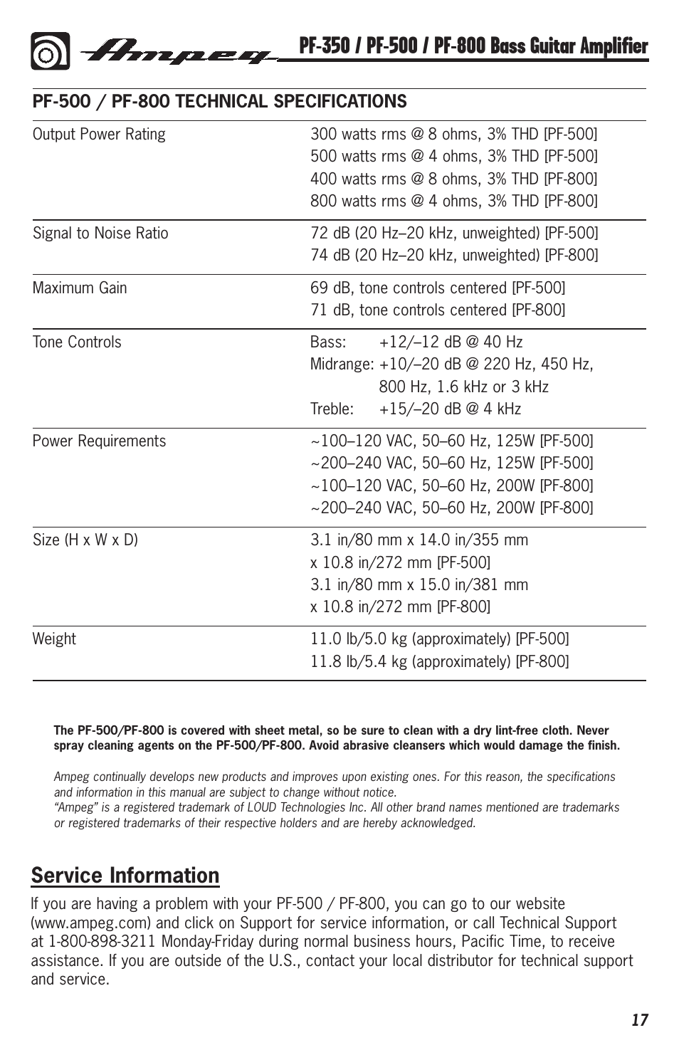 Service information | Ampeg PF-350 User Manual | Page 17 / 20