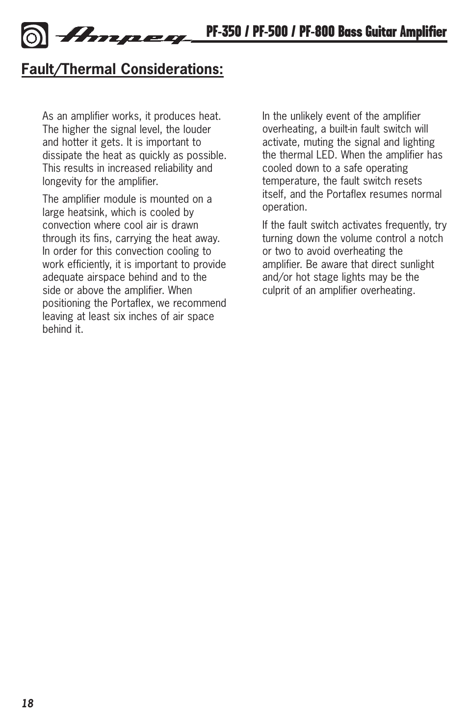 Fault/thermal considerations | Ampeg PF-350 User Manual | Page 18 / 20