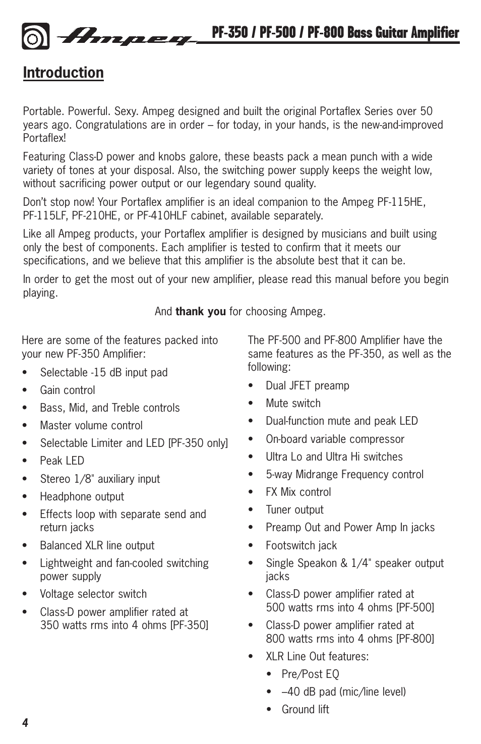 Introduction | Ampeg PF-350 User Manual | Page 4 / 20