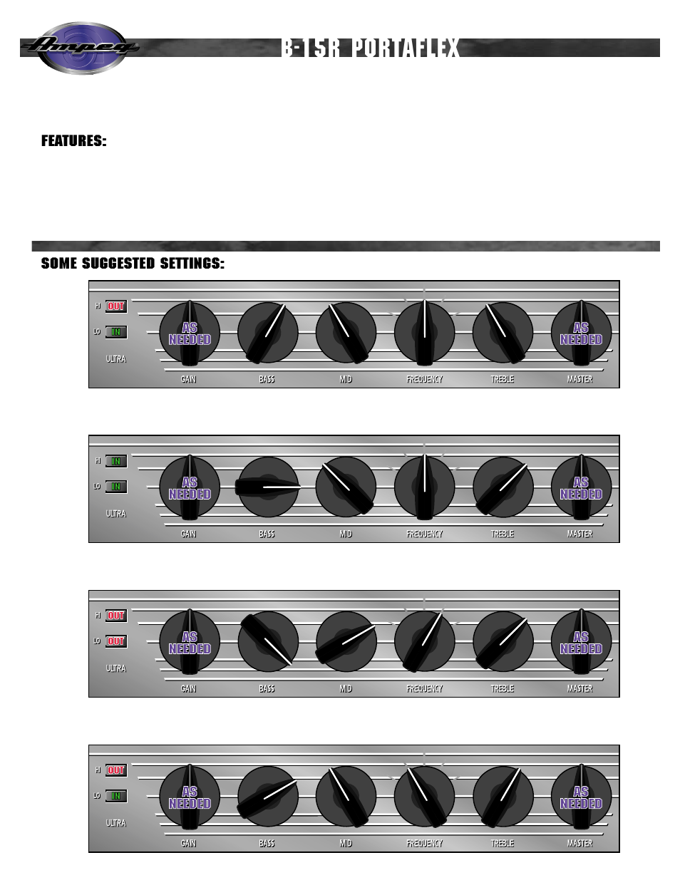 B-15r portaflex, Features, Some suggested settings | Ampeg PORTAFLEX B-15R User Manual | Page 2 / 4