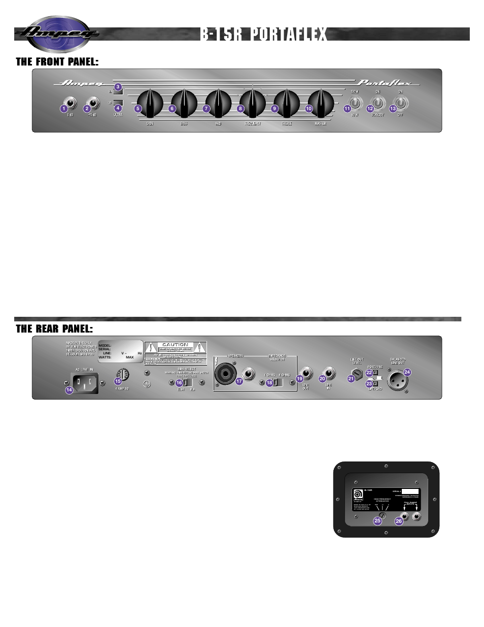 B-15r portaflex, The front panel: the rear panel | Ampeg PORTAFLEX B-15R User Manual | Page 3 / 4