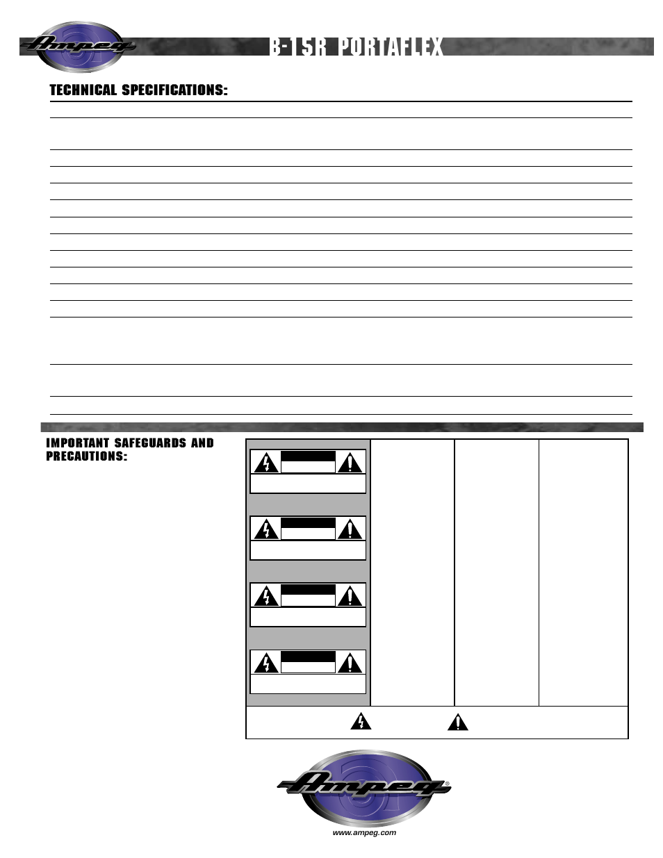 B-15r portaflex, Technical specifications, Important safeguards and precautions | Ampeg PORTAFLEX B-15R User Manual | Page 4 / 4