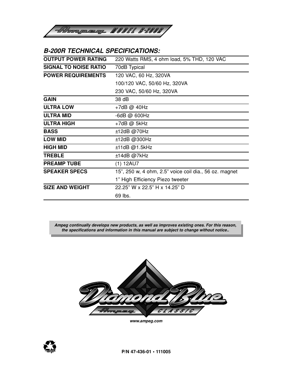 B-200r technical specifications | Ampeg ROCKET BASS B-200R User Manual | Page 12 / 12