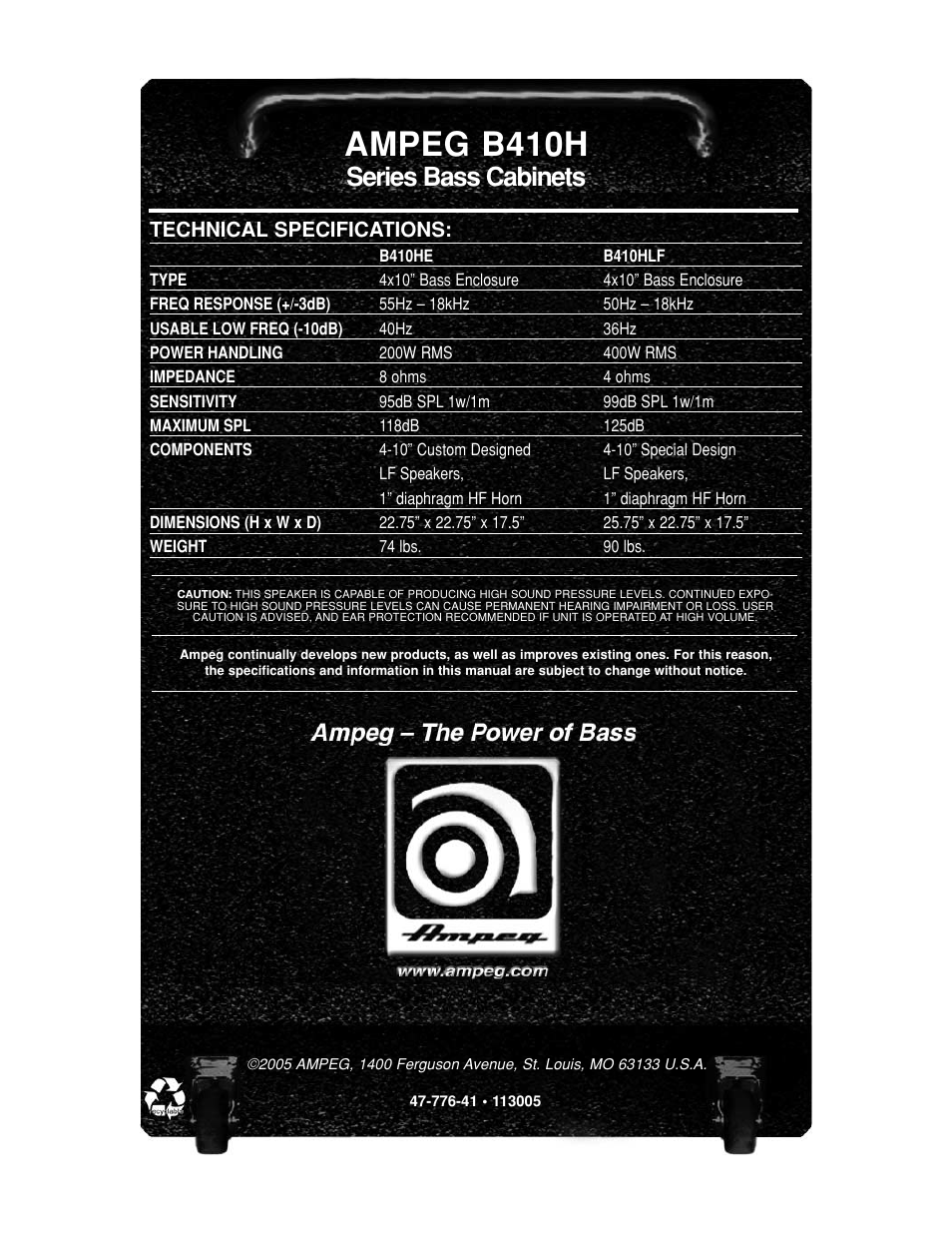 Ampeg b410h, Series bass cabinets, Technical specifications | Ampeg B410HE User Manual | Page 4 / 4