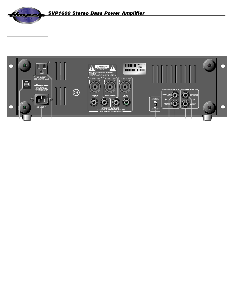 The rear panel, Svp1600 stereo bass power amplifier | Ampeg SVP1600 User Manual | Page 5 / 8