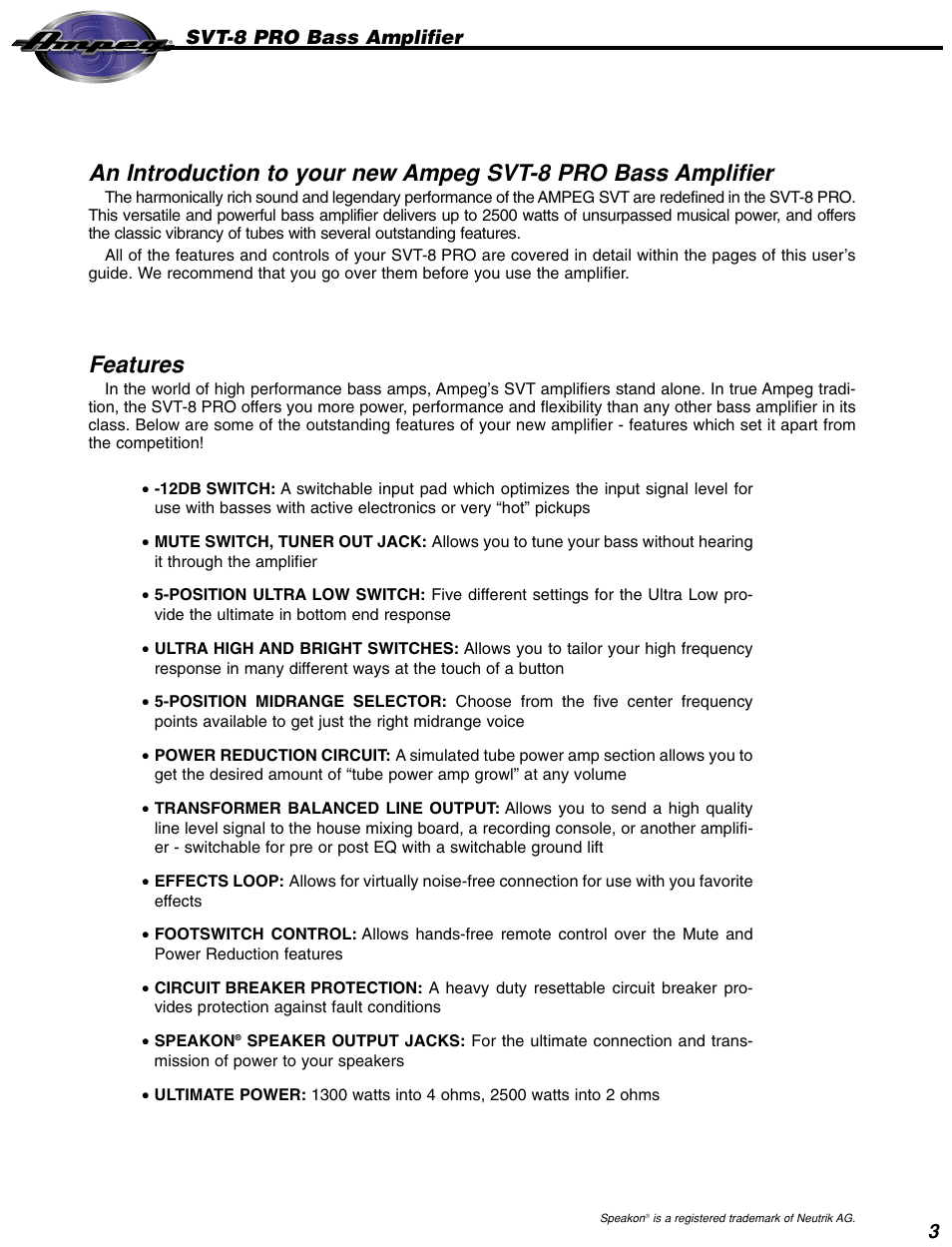 Features | Ampeg SVT-8 User Manual | Page 4 / 9