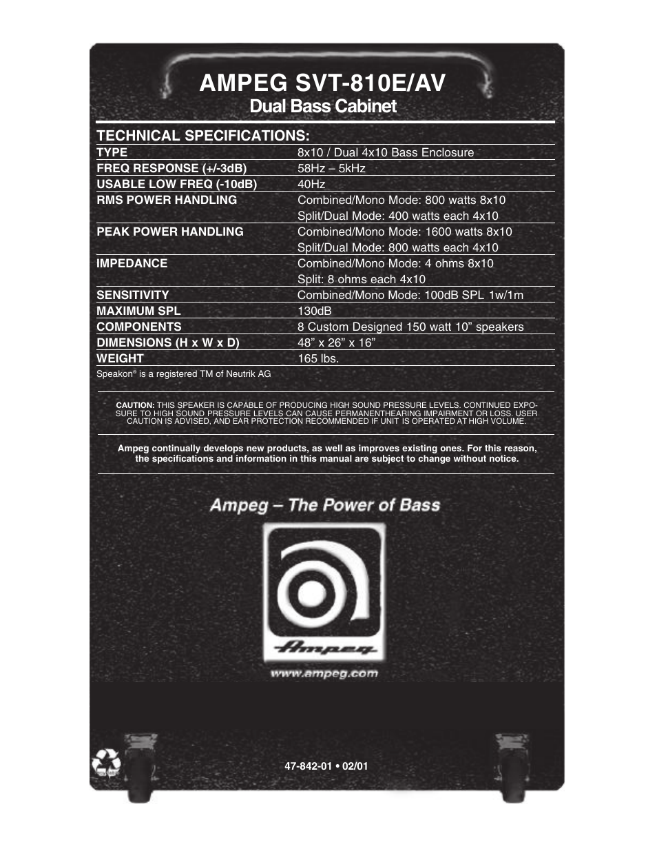 Ampeg svt- 8 1 0 e / av, Dual bass cabinet, Technical specifications | Ampeg SVT810E/AV User Manual | Page 4 / 4