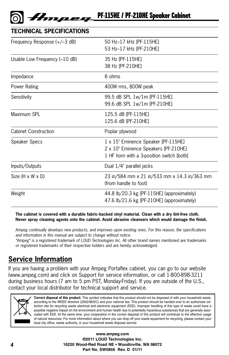 Service information, Technical specifications | Ampeg PF-210HE User Manual | Page 4 / 4