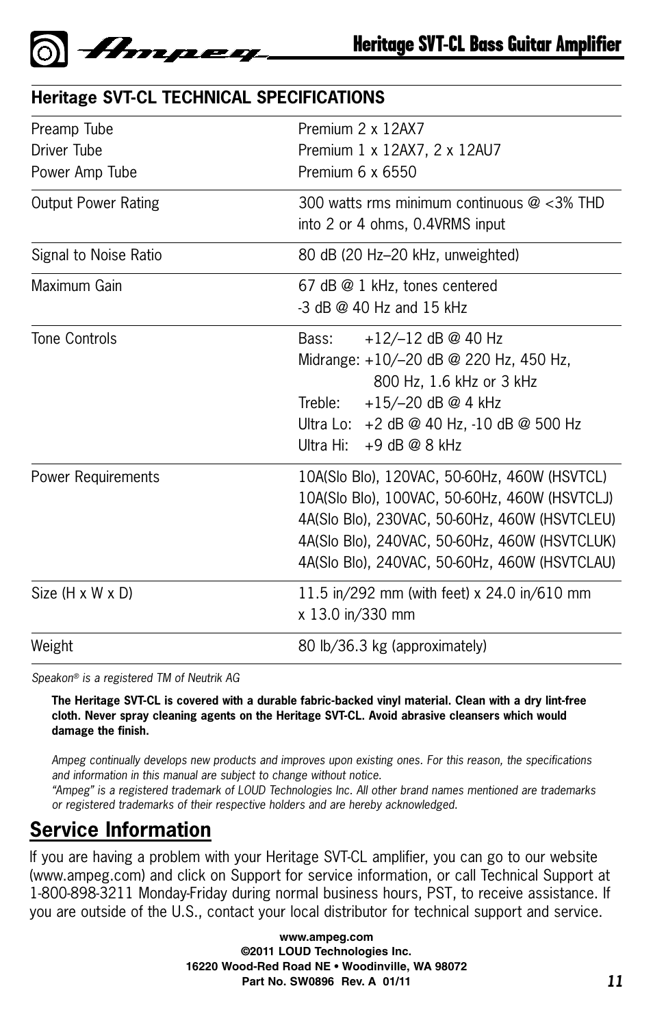 Heritage svt-cl bass guitar amplifier, Service information, Heritage svt-cl technical specifications | Ampeg HERITAGE SVT-CL User Manual | Page 11 / 12