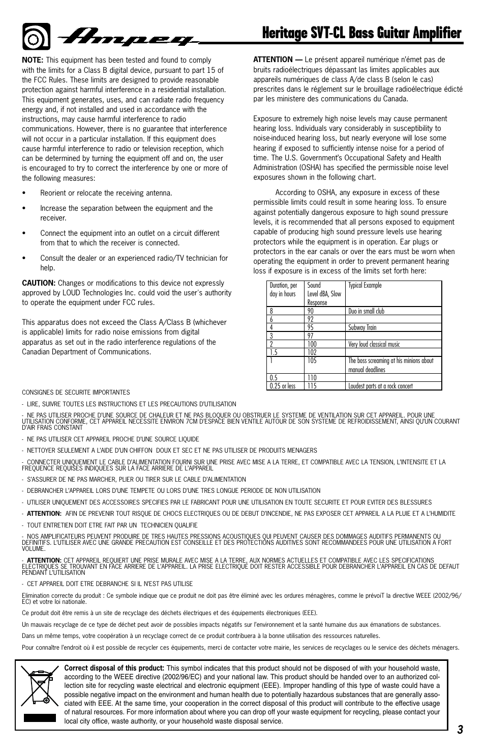 Heritage svt-cl bass guitar amplifier | Ampeg HERITAGE SVT-CL User Manual | Page 3 / 12