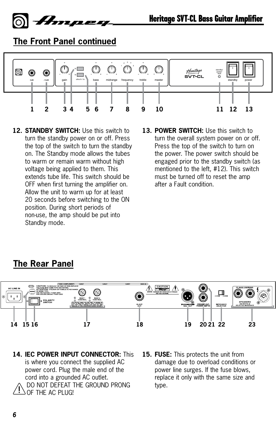 Master standby, Power treble frequency midrange bass gain, Heritage svt-cl bass guitar amplifier | Ampeg HERITAGE SVT-CL User Manual | Page 6 / 12