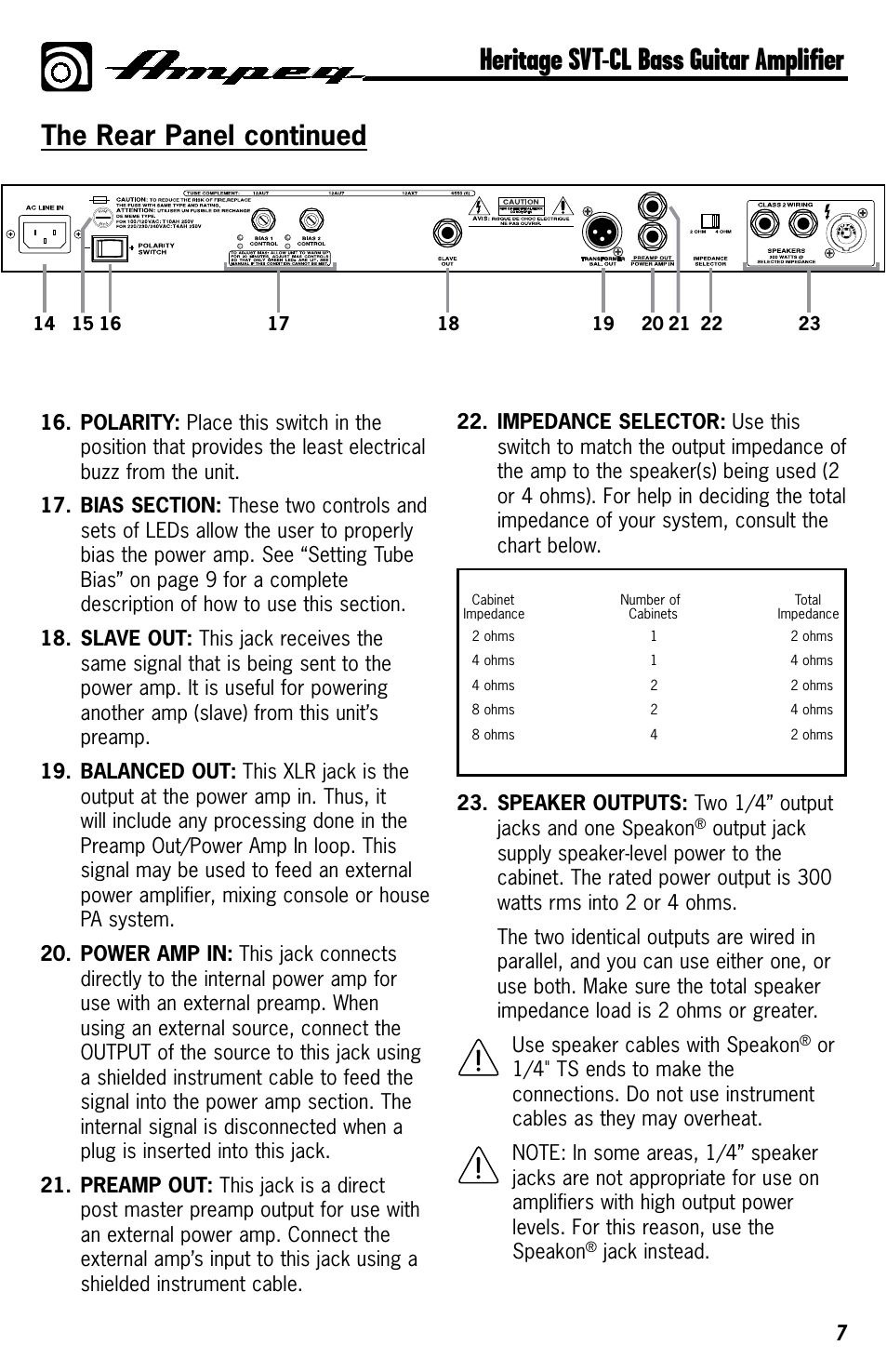 Heritage svt-cl bass guitar amplifier, The rear panel continued | Ampeg HERITAGE SVT-CL User Manual | Page 7 / 12