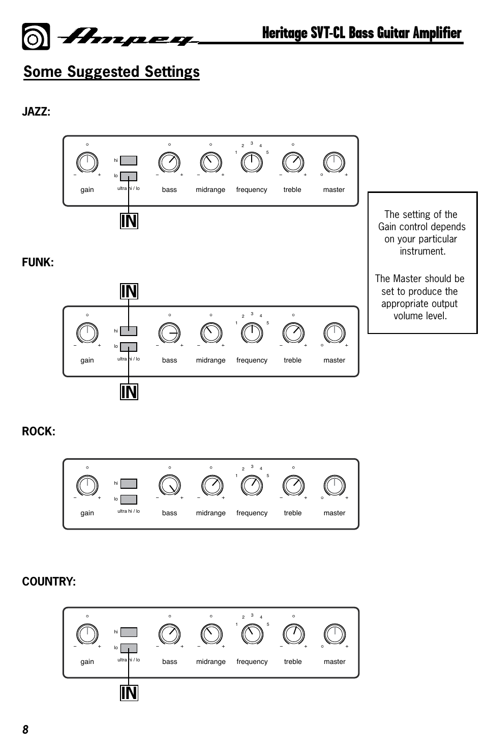 Heritage svt-cl bass guitar amplifier, Some suggested settings, Jazz: funk: rock: country | Ampeg HERITAGE SVT-CL User Manual | Page 8 / 12