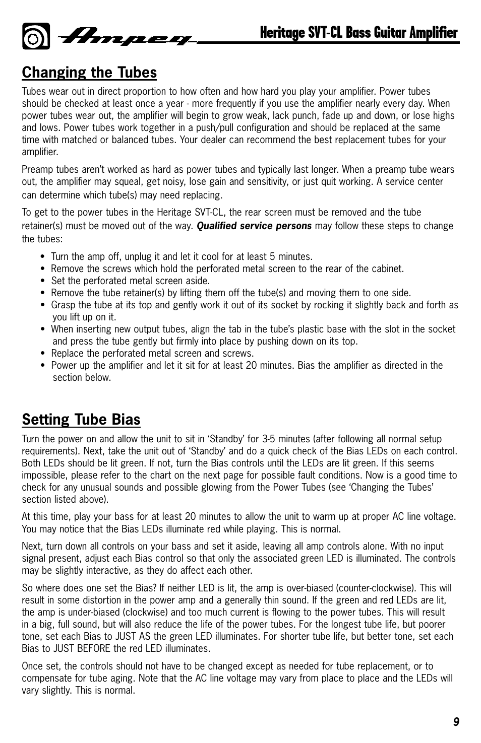 Heritage svt-cl bass guitar amplifier, Changing the tubes, Setting tube bias | Ampeg HERITAGE SVT-CL User Manual | Page 9 / 12