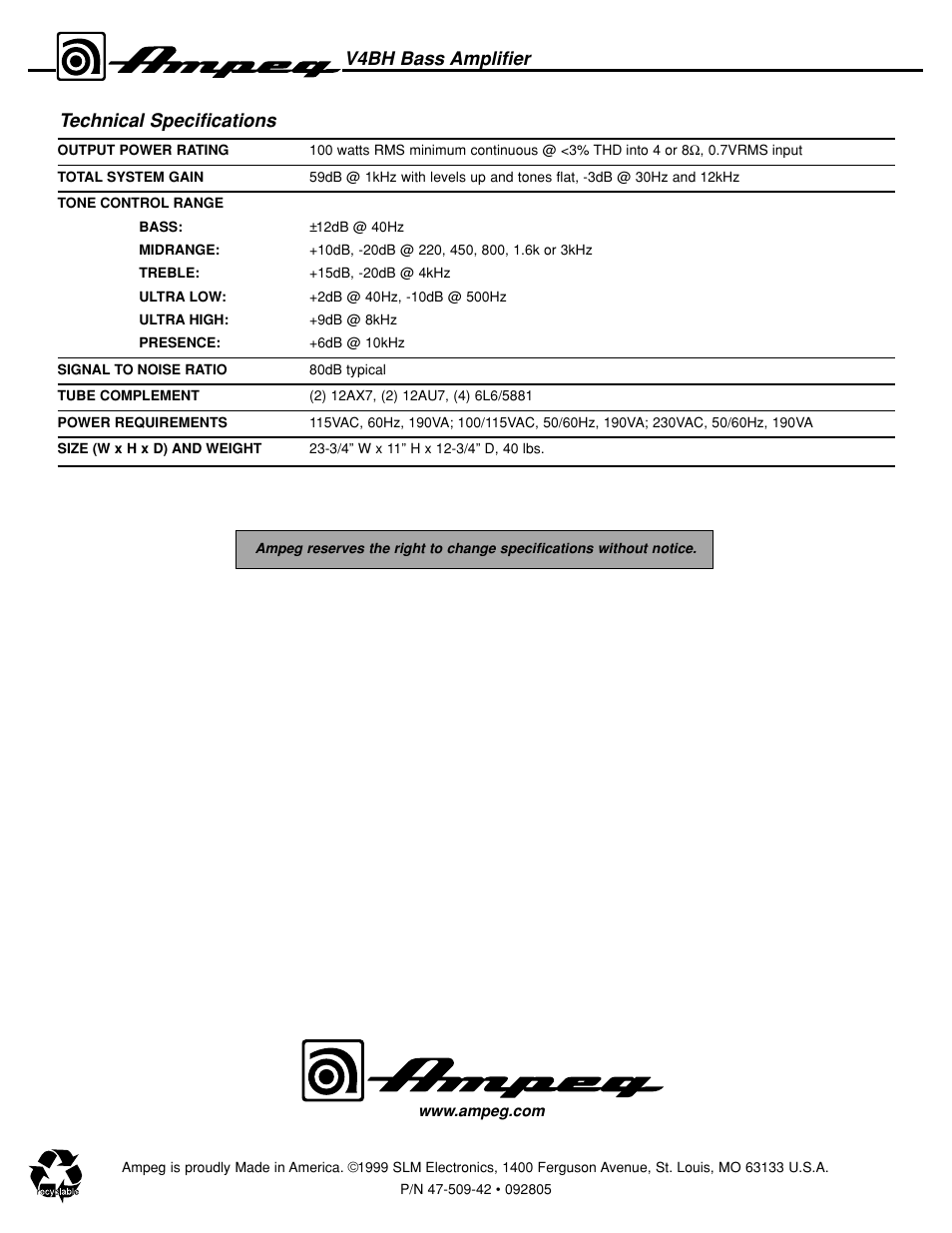 V4bh bass amplifier, Technical specifications | Ampeg V4BH User Manual | Page 8 / 8