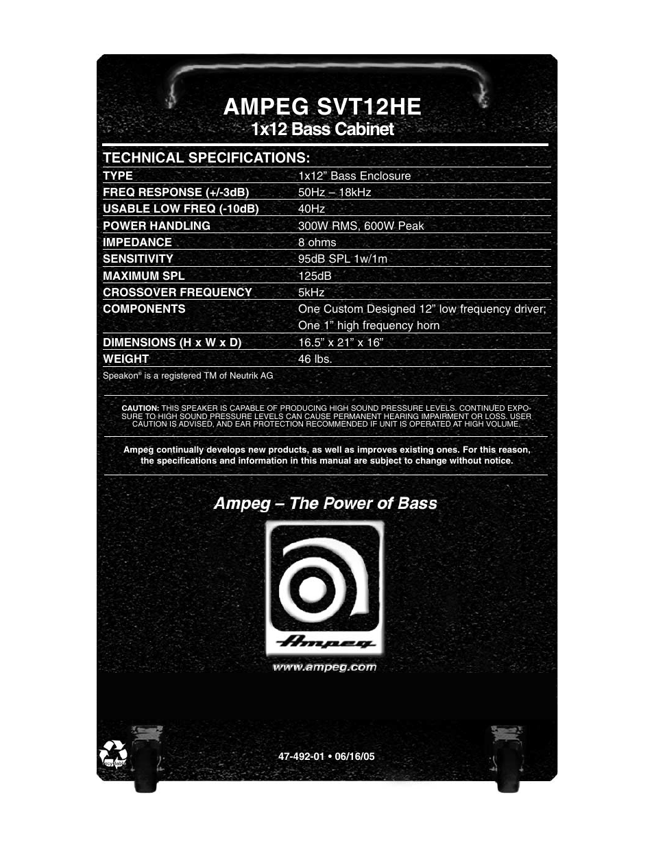 Ampeg svt12he, 1x12 bass cabinet, Technical specifications | Ampeg SVT12HE User Manual | Page 4 / 4