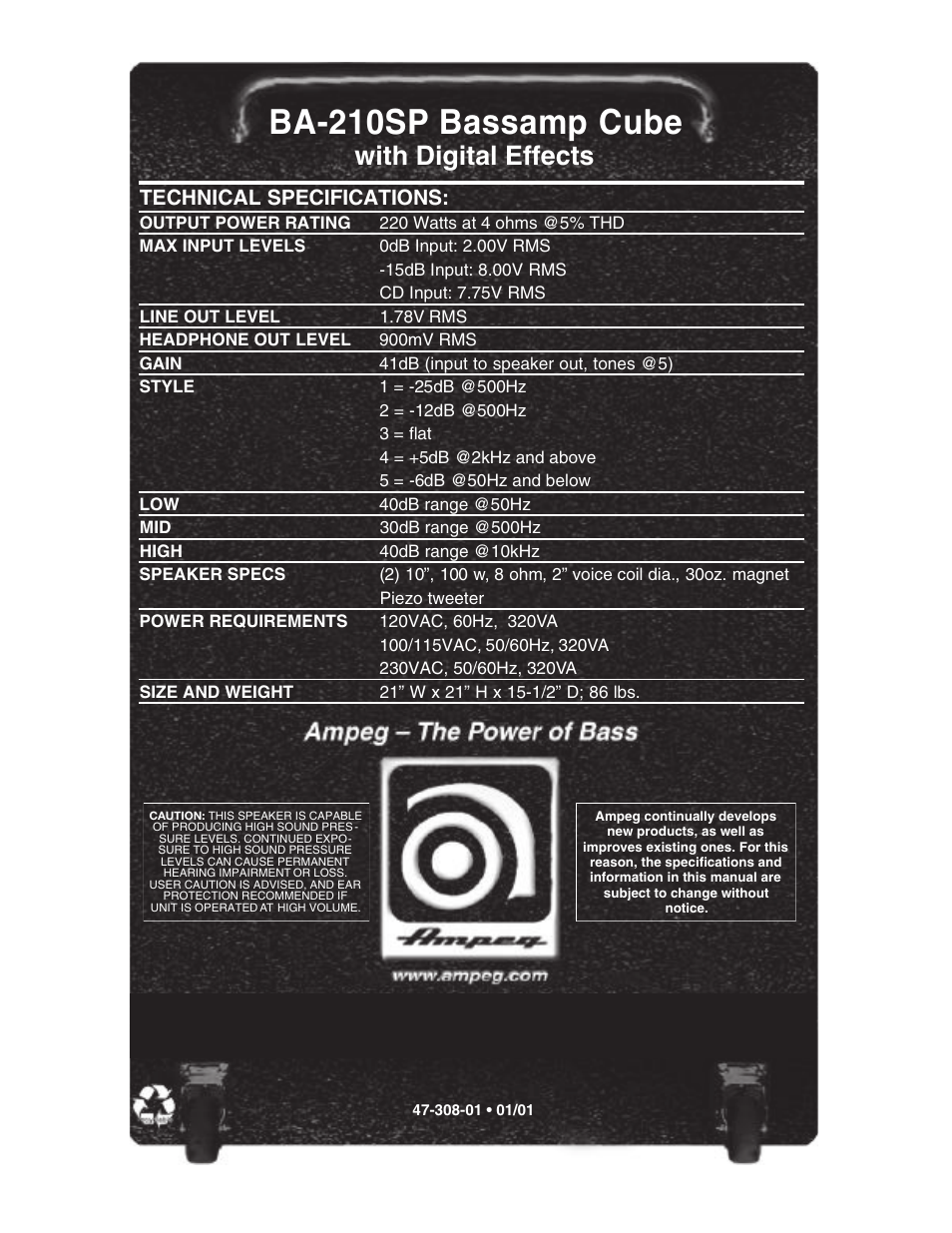 B a - 2 1 0 s p bassamp cube, With digital effects, Technical specifications | Ampeg BA-210SP User Manual | Page 8 / 8