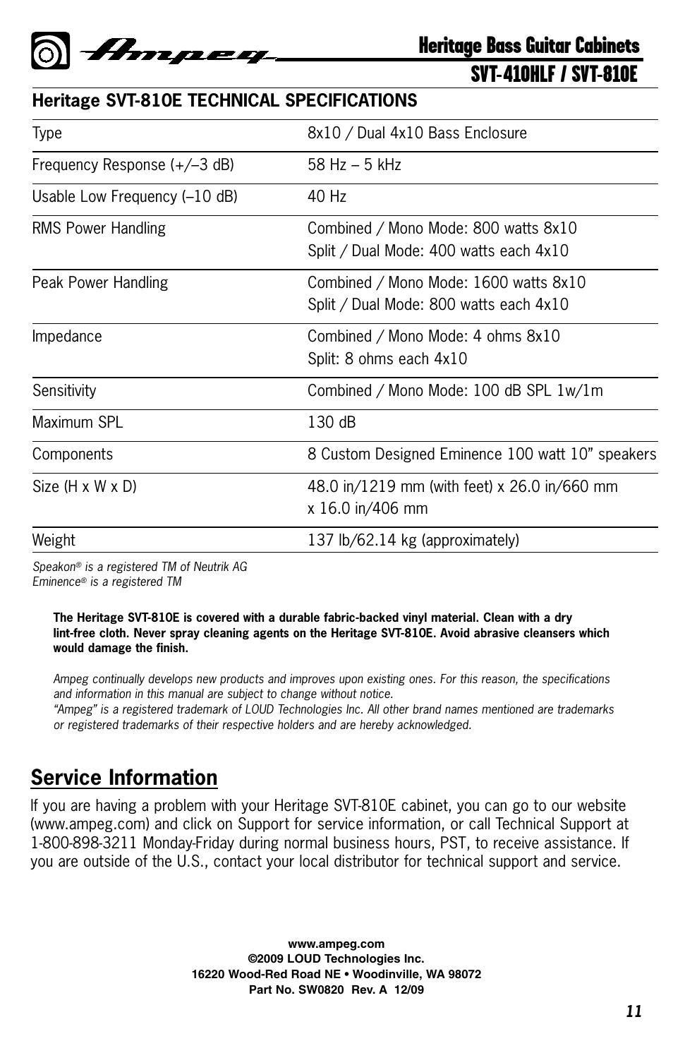 Service information, Heritage svt-810e technical specifications | Ampeg HERITAGE SVT-410HLF User Manual | Page 11 / 12