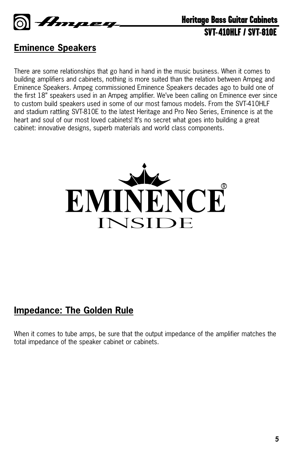 Inside, Eminence speakers, Impedance: the golden rule | Ampeg HERITAGE SVT-410HLF User Manual | Page 5 / 12