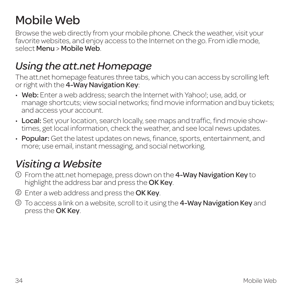 Mobile web, Visiting a website | AT&T Z331 User Manual | Page 40 / 84