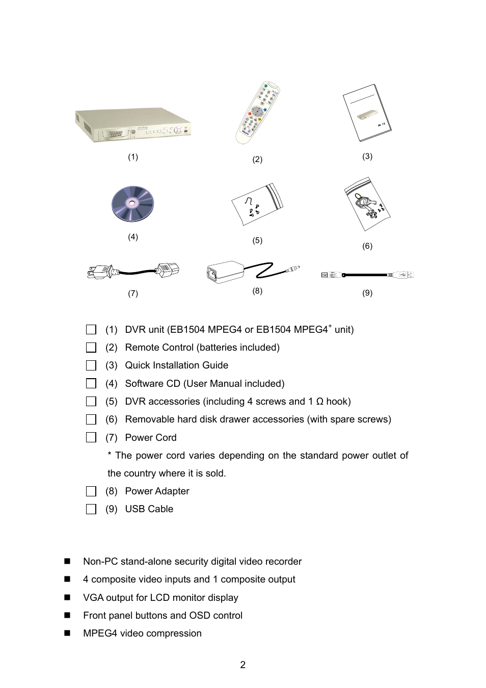 1 package contents, 2 features and specifications, Package contents | Features and specifications | AVerMedia Technologies EB1504 User Manual | Page 6 / 37