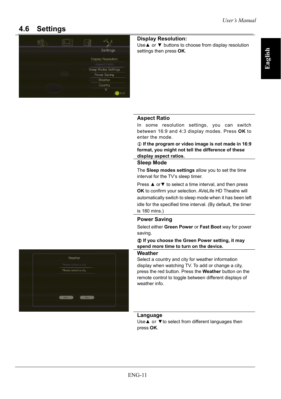 Settings, 6 settings, Eng lish | AVerMedia Technologies AVerLife HD Theater A211 User Manual | Page 17 / 96